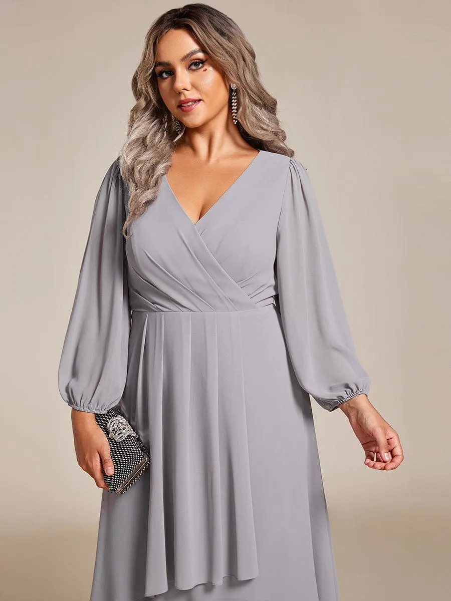 Plus Size Chiffon A-Line Long Sleeves Asymmetrical Hem Wedding Guest Dress