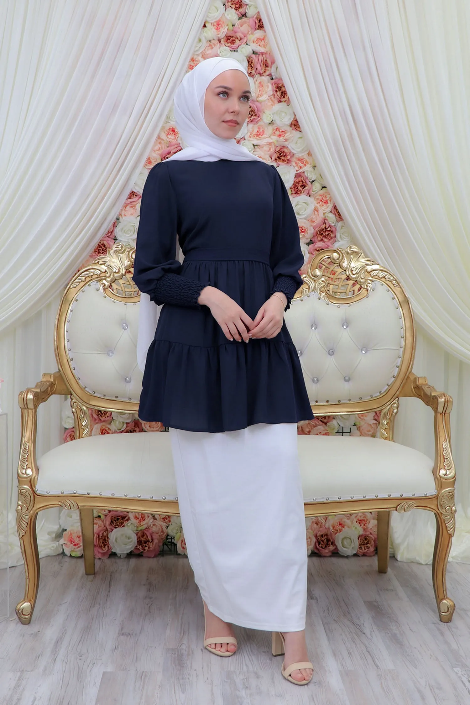 Premium Chiffon Ruffle Top- Navy