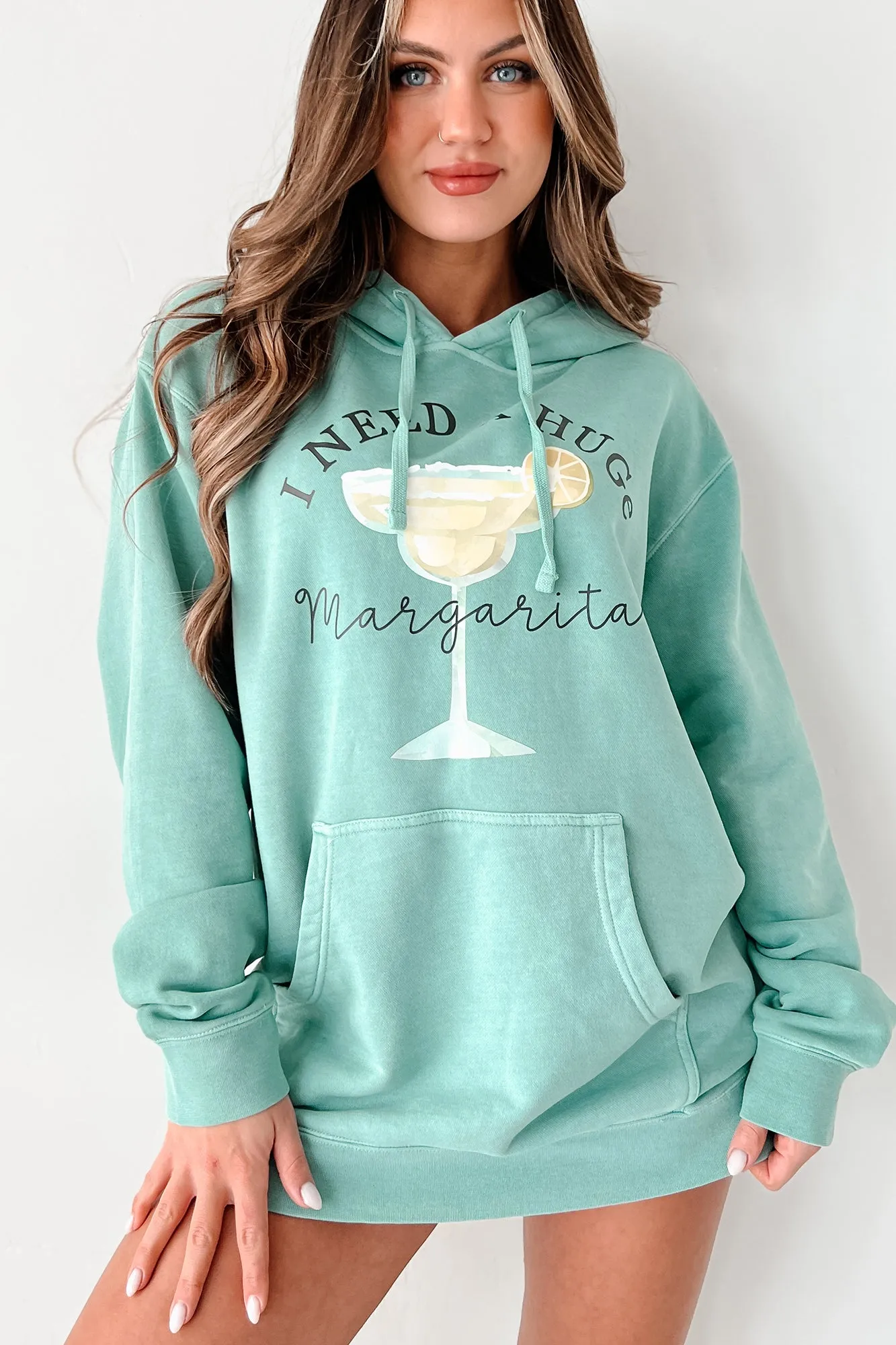 "I Need A Huge Margarita" Vintage Wash Graphic Hoodie (Mint) - Print On Demand