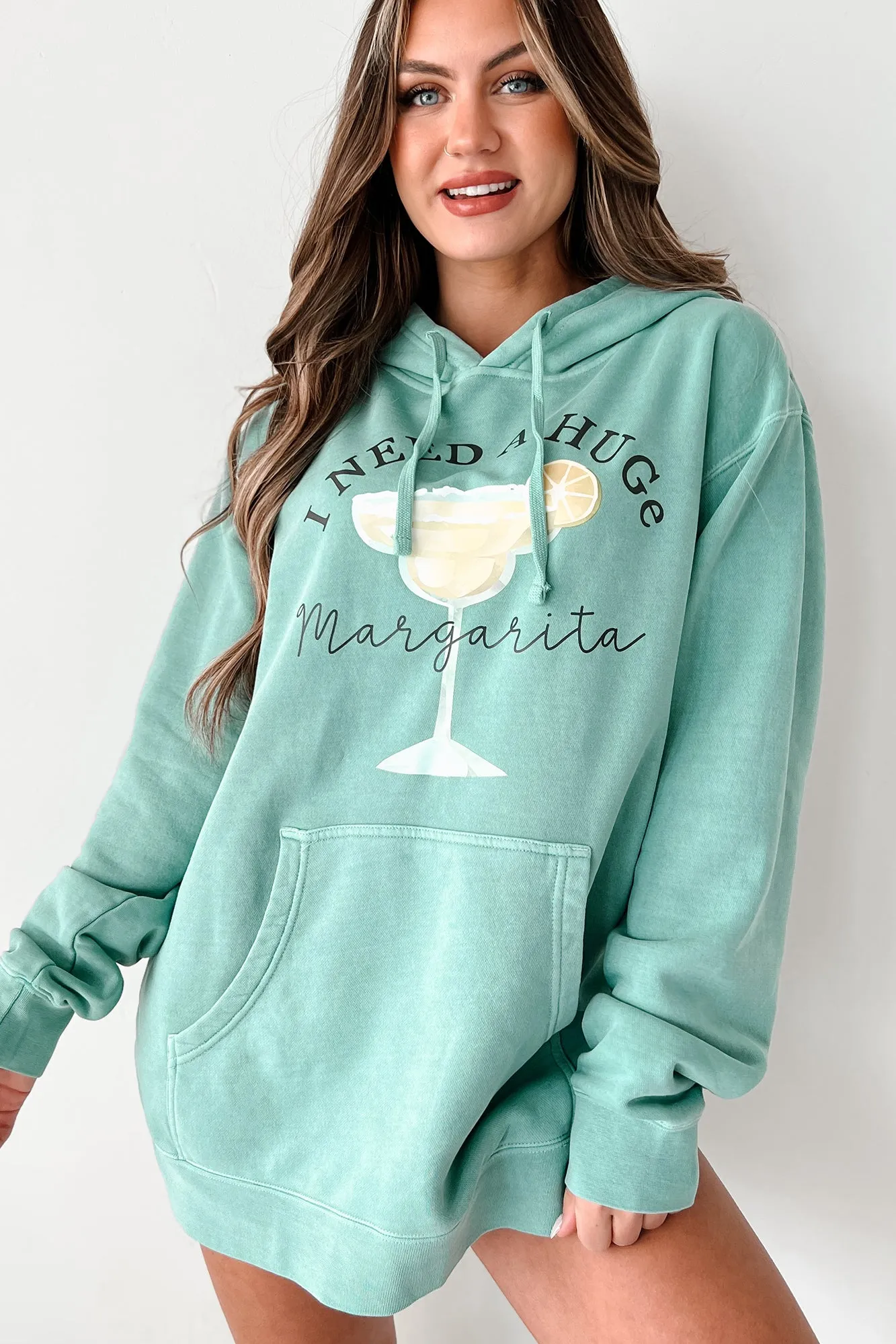 "I Need A Huge Margarita" Vintage Wash Graphic Hoodie (Mint) - Print On Demand