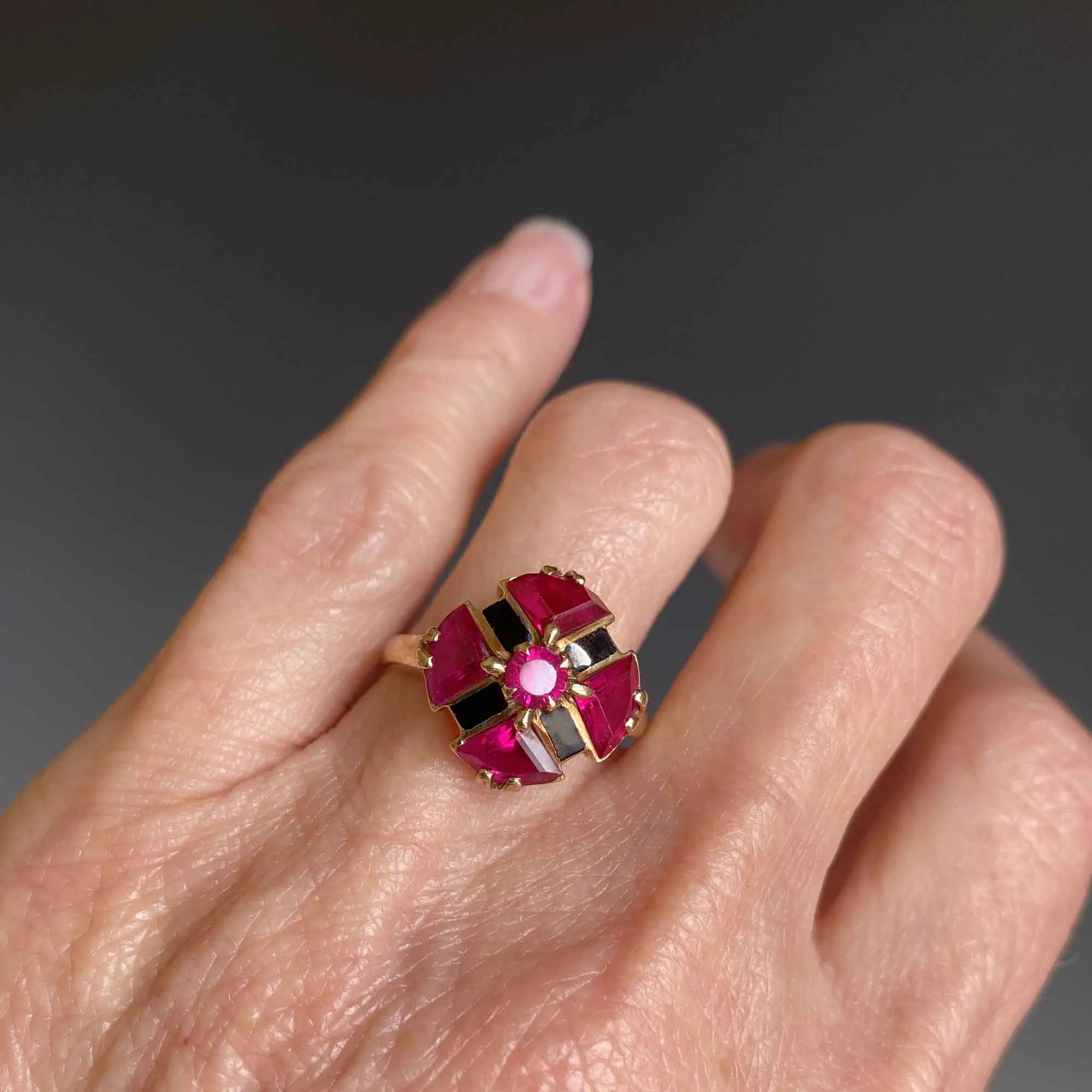 Retro Fine Gold Ruby Trillion Cut Ring, Maltese Cross