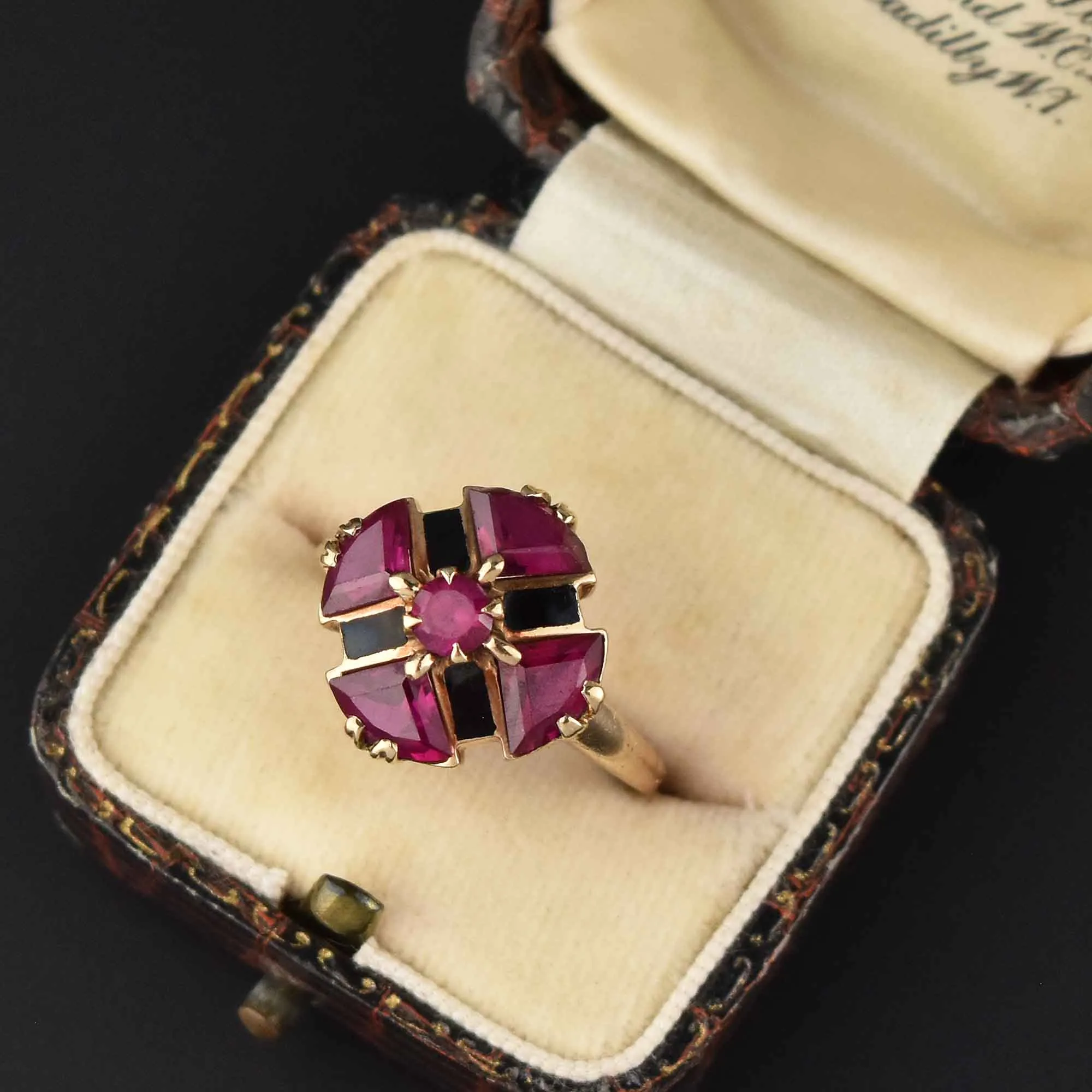 Retro Fine Gold Ruby Trillion Cut Ring, Maltese Cross