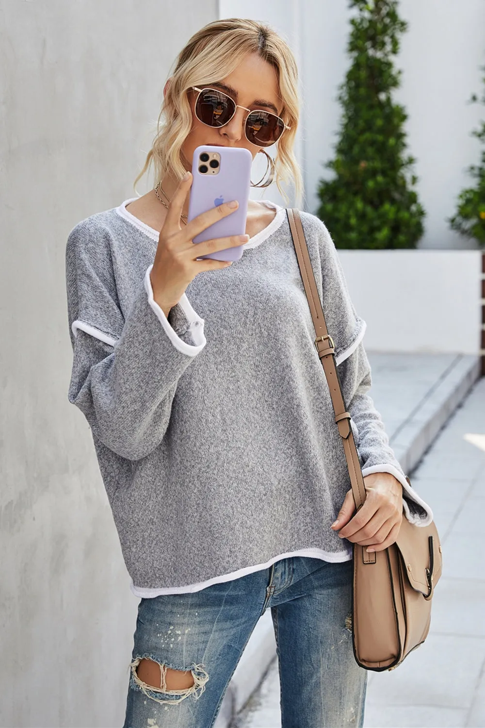 Round Neck Dropped Shoulder Sweater - Cozy and Versatile