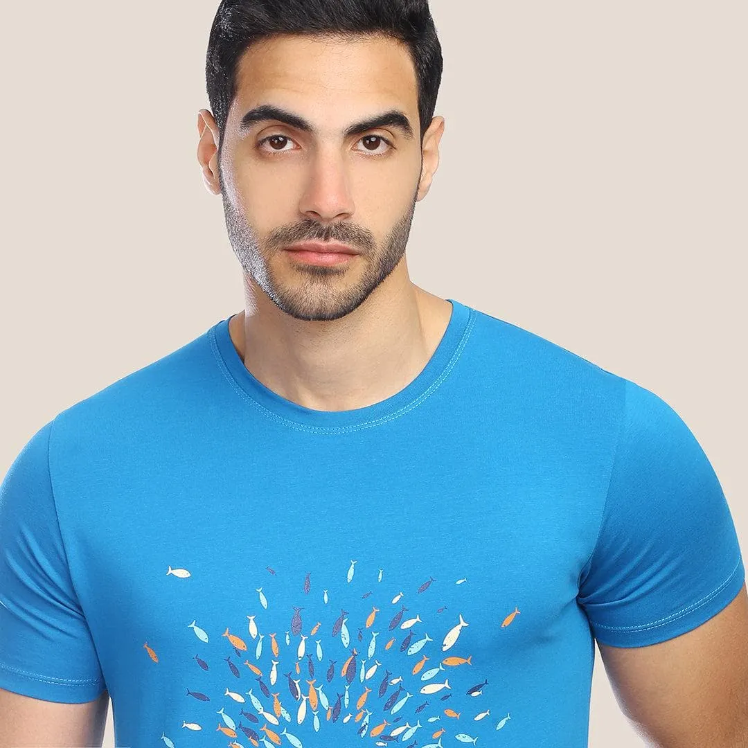 ROUND NECK PRINTED T-SHIRT - DARK TURQUOISE