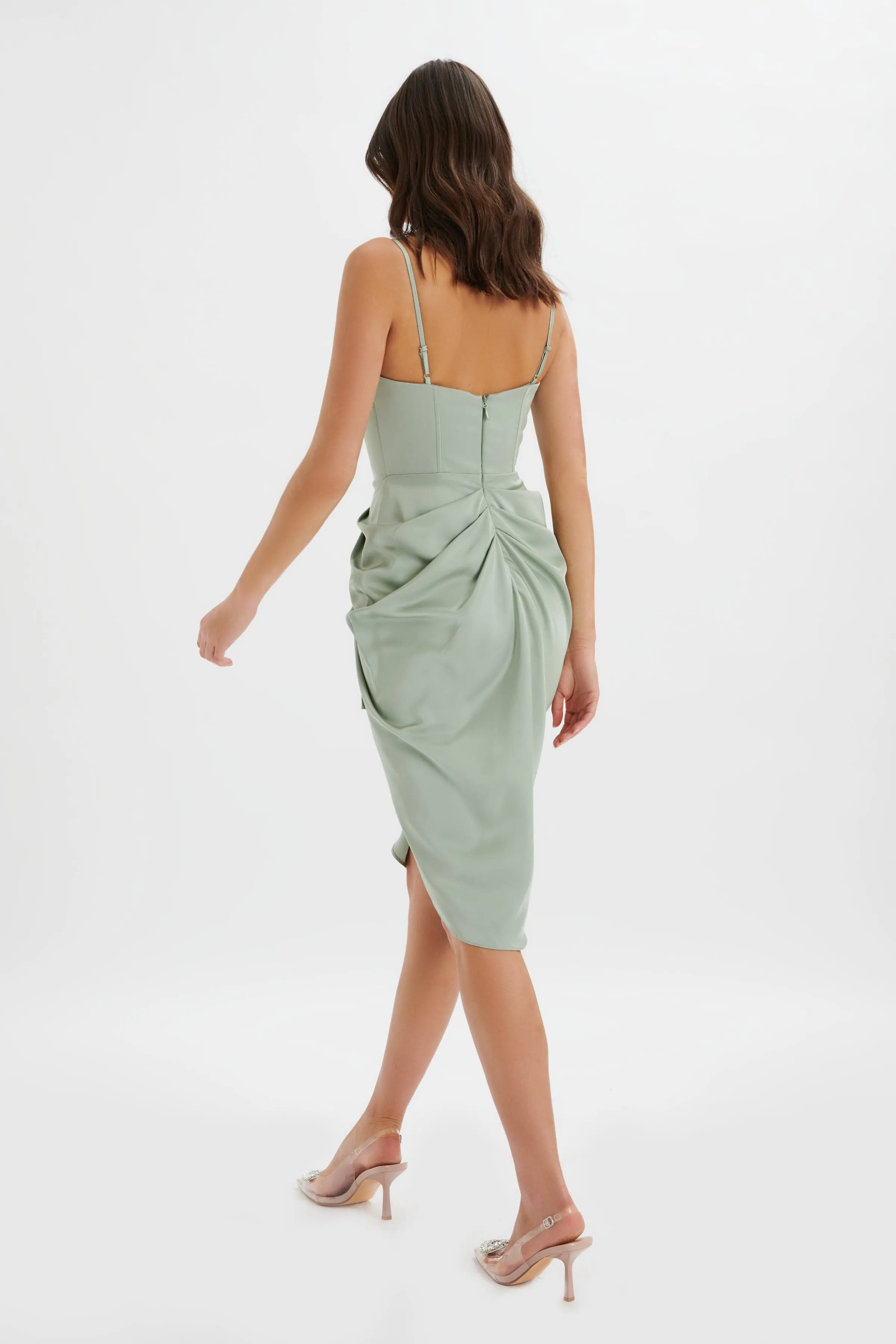 SELAH Asymmetric Cowl Neck Draped Midi Dress In Sage