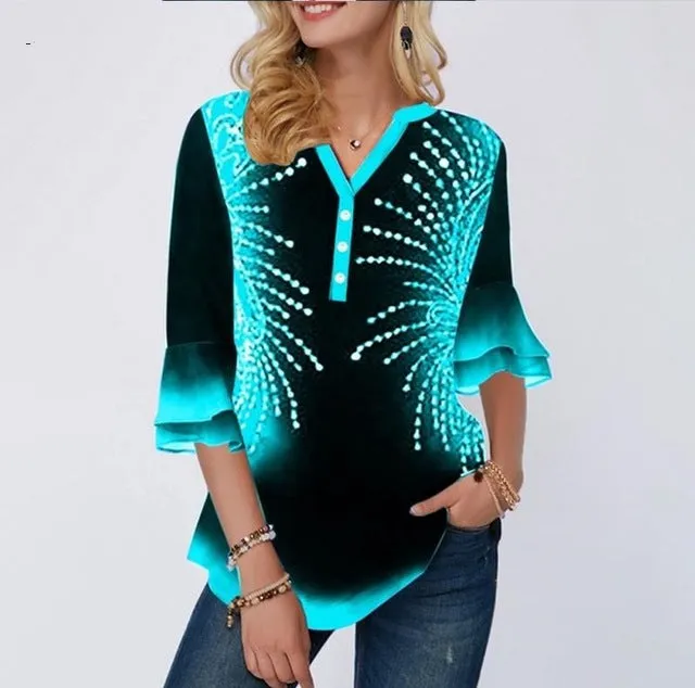 Shirt Women / Printing Blouse 3/4 Sleeve Casual Hem Plus Size