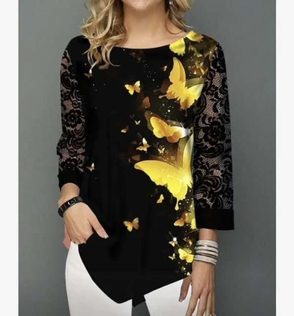 Shirt Women / Printing Blouse 3/4 Sleeve Casual Hem Plus Size