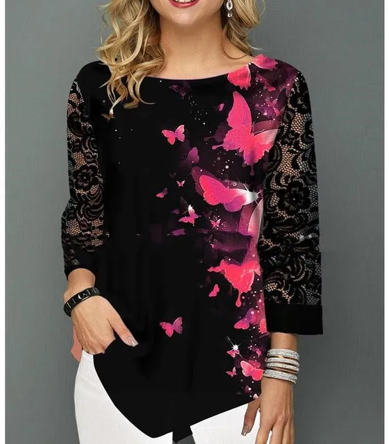 Shirt Women / Printing Blouse 3/4 Sleeve Casual Hem Plus Size