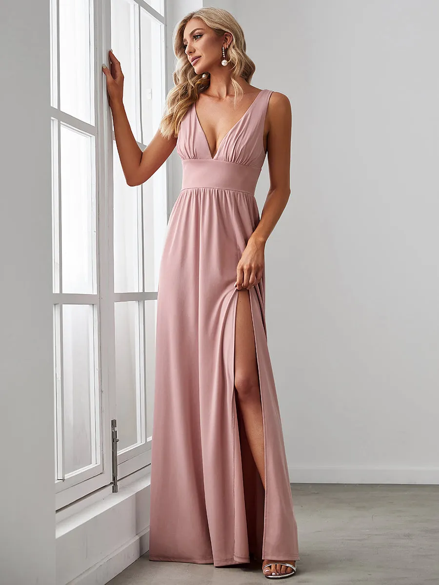 Sleeveless Wholesale Bridesmaid Dresses with Deep V Neck and A Line