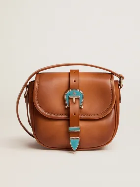 Small Rodeo Bag in pale tan leather with blue buckle