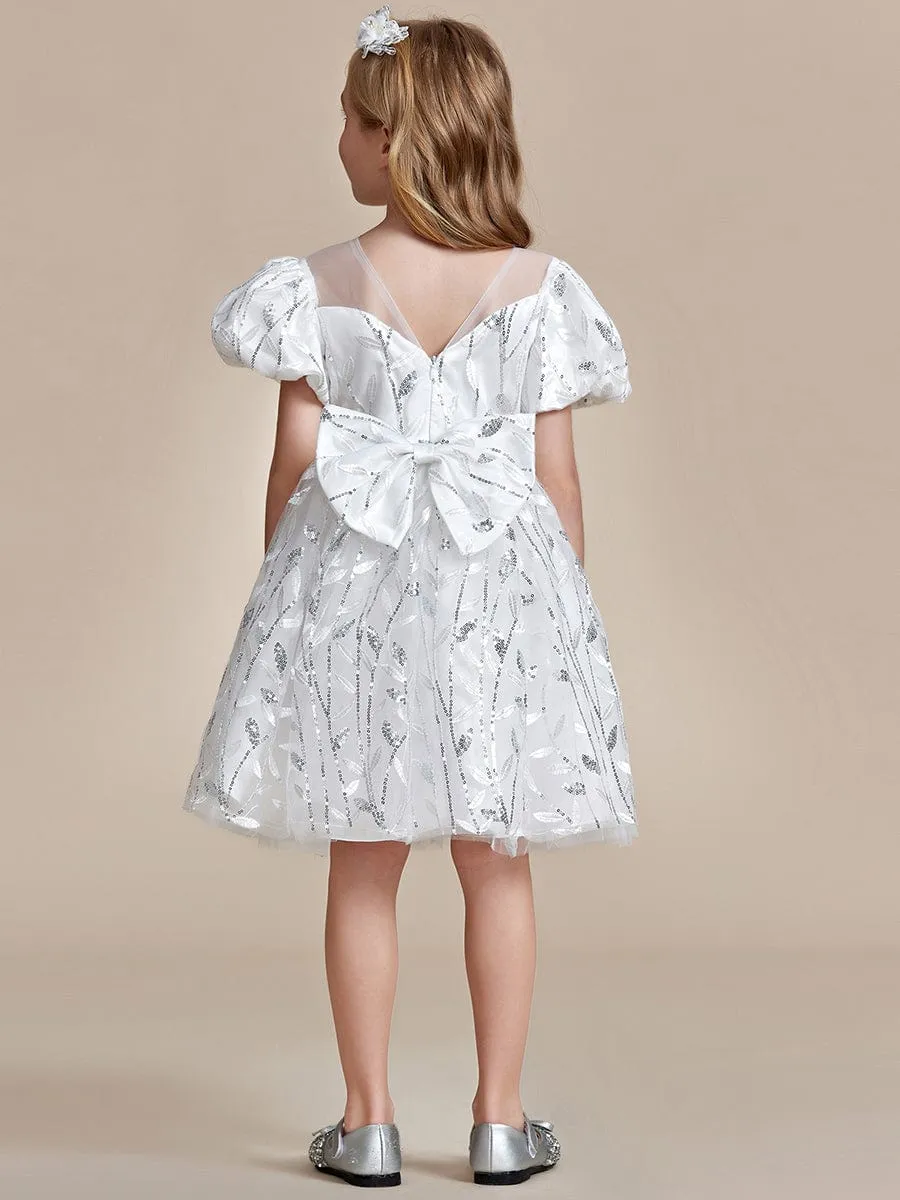 Sparkling Puffy Sleeves Leaf Sequin A-line Flower Girl Dress