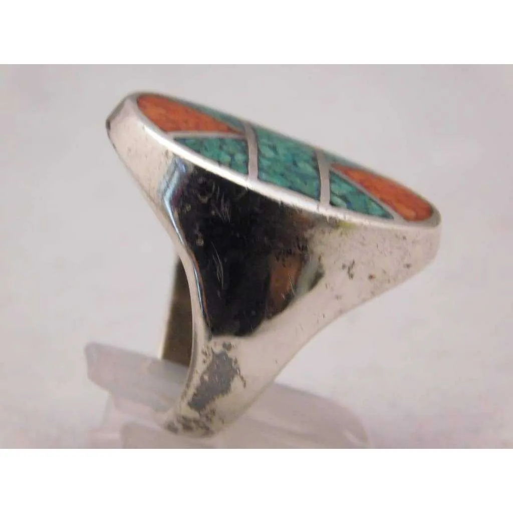 Sterling Silver Crushed Red & Blue Turquoise Mosaic Pattern Mens Ring Size 10.75