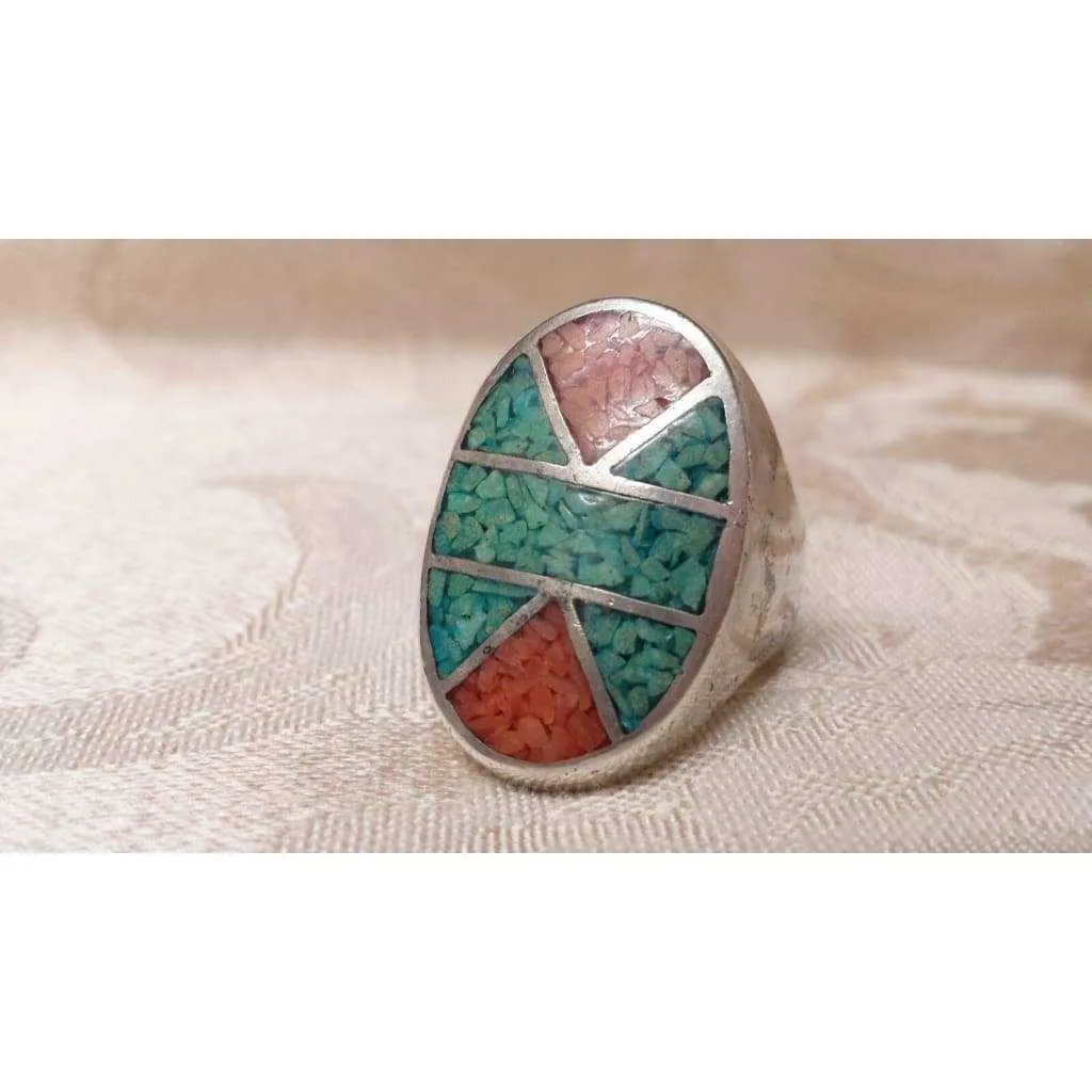 Sterling Silver Crushed Red & Blue Turquoise Mosaic Pattern Mens Ring Size 10.75