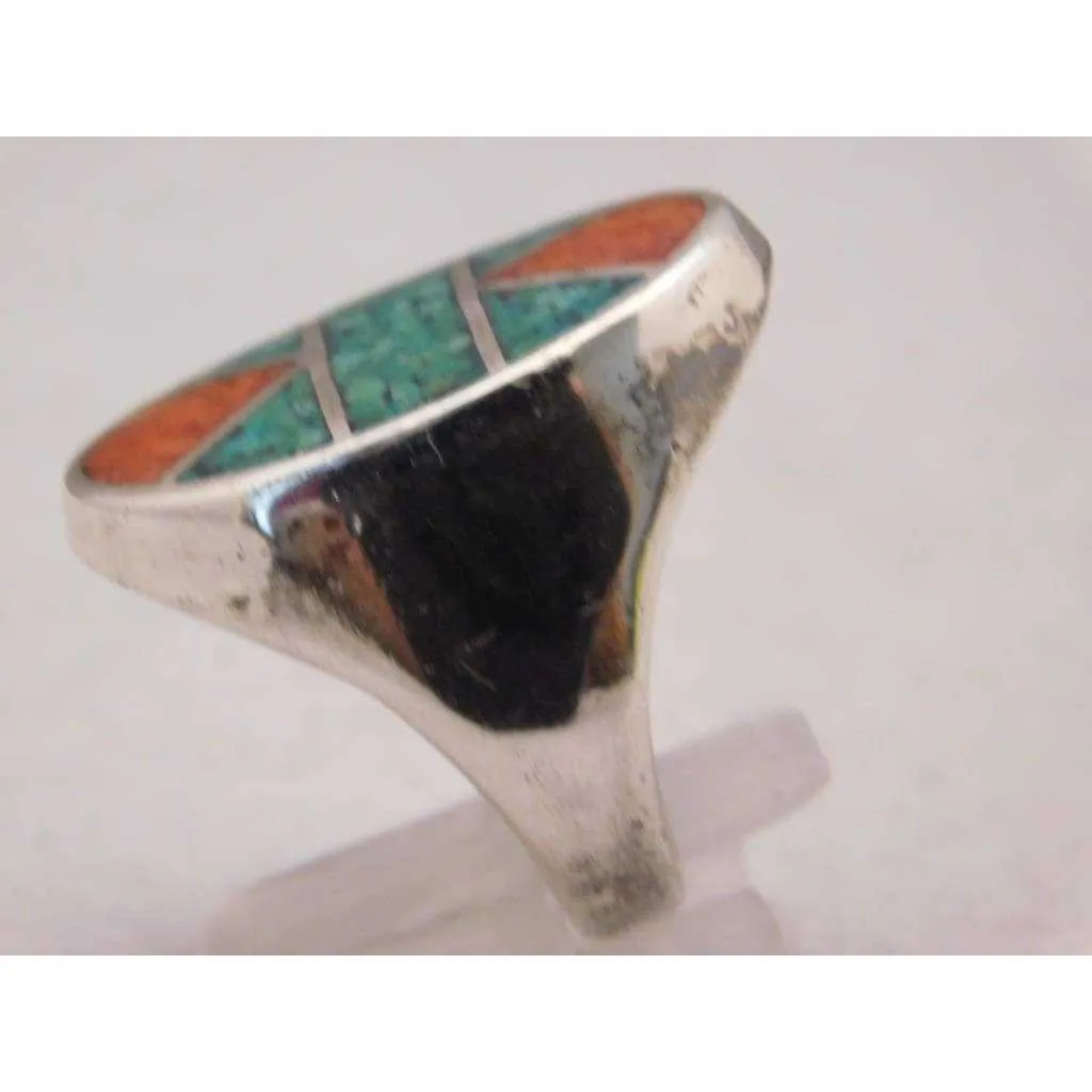 Sterling Silver Crushed Red & Blue Turquoise Mosaic Pattern Mens Ring Size 10.75