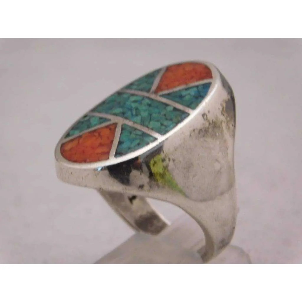 Sterling Silver Crushed Red & Blue Turquoise Mosaic Pattern Mens Ring Size 10.75