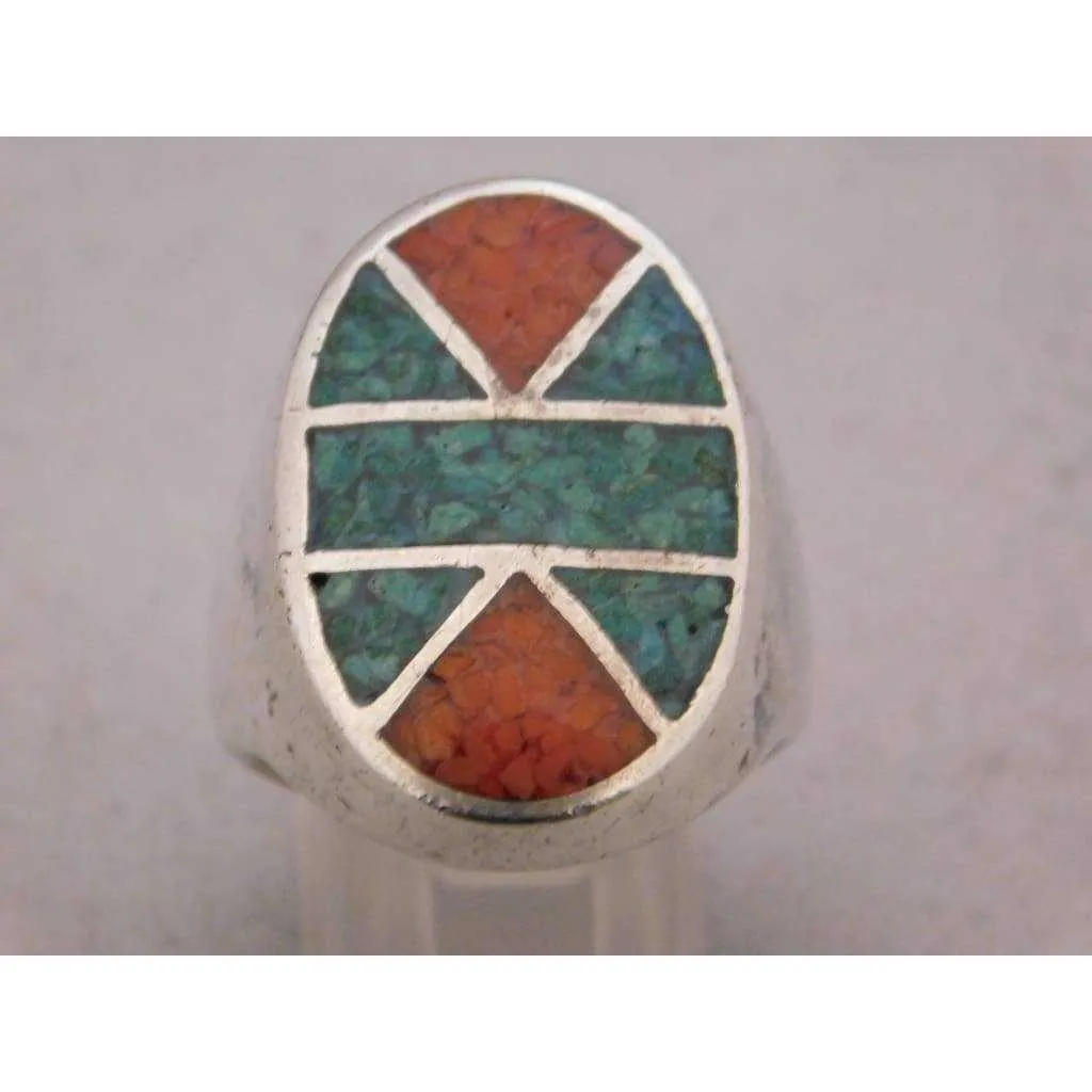 Sterling Silver Crushed Red & Blue Turquoise Mosaic Pattern Mens Ring Size 10.75