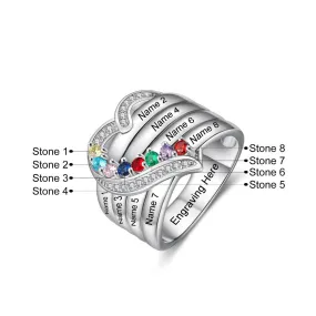 Sterling Silver Personalized 8 Names And Birthstones Engraved Ring