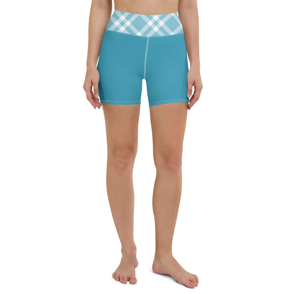 Teal Blue Gingham Yoga Shorts