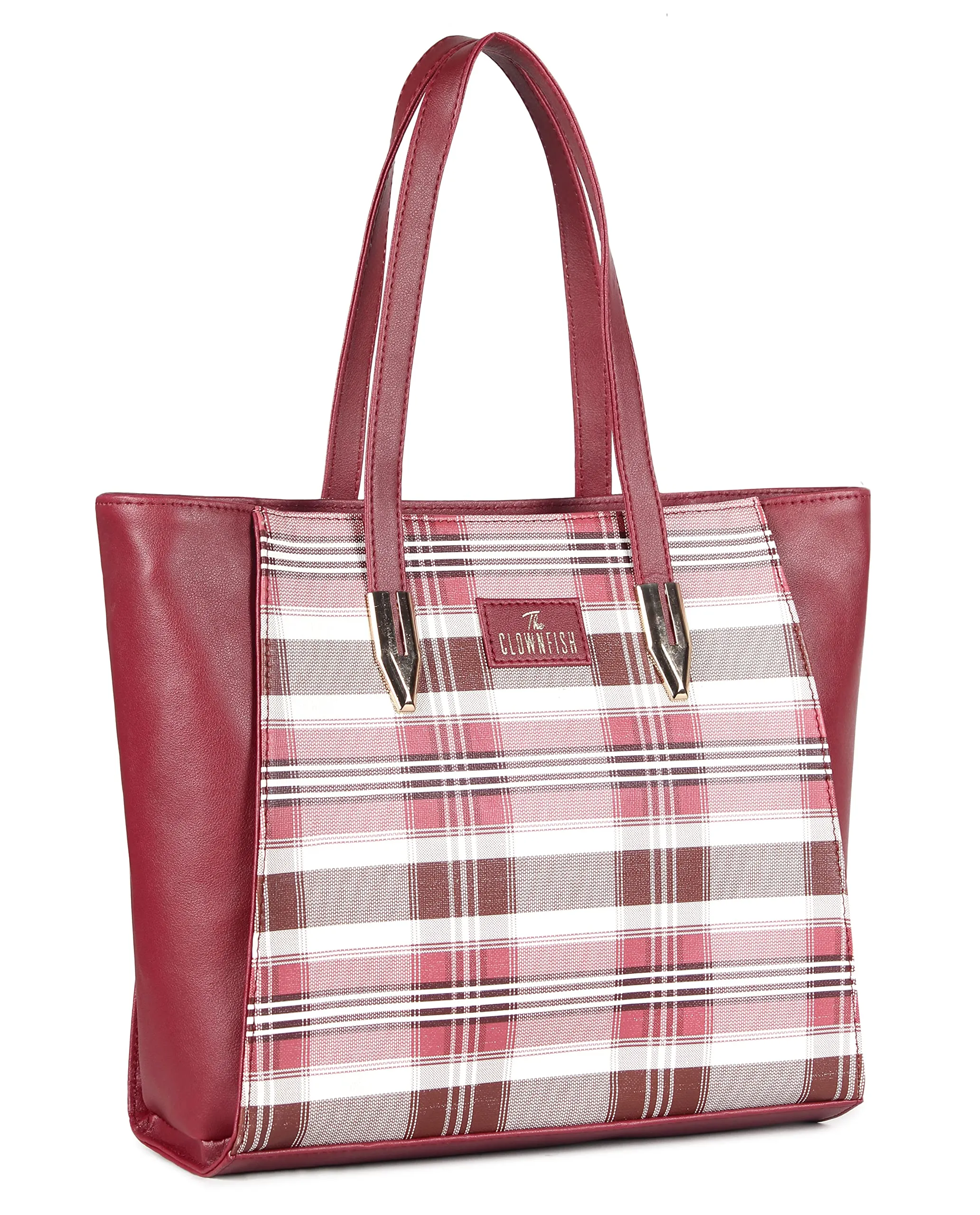 THE CLOWNFISH Agnes Handbag for Women Office Bag Ladies Shoulder Bag Tote For Women College Girls-Checks Design (Maroon)