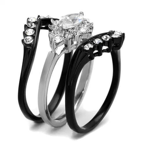 TK2188 Two-Tone IP Black Stainless Steel Ring with AAA Grade CZ in Clear