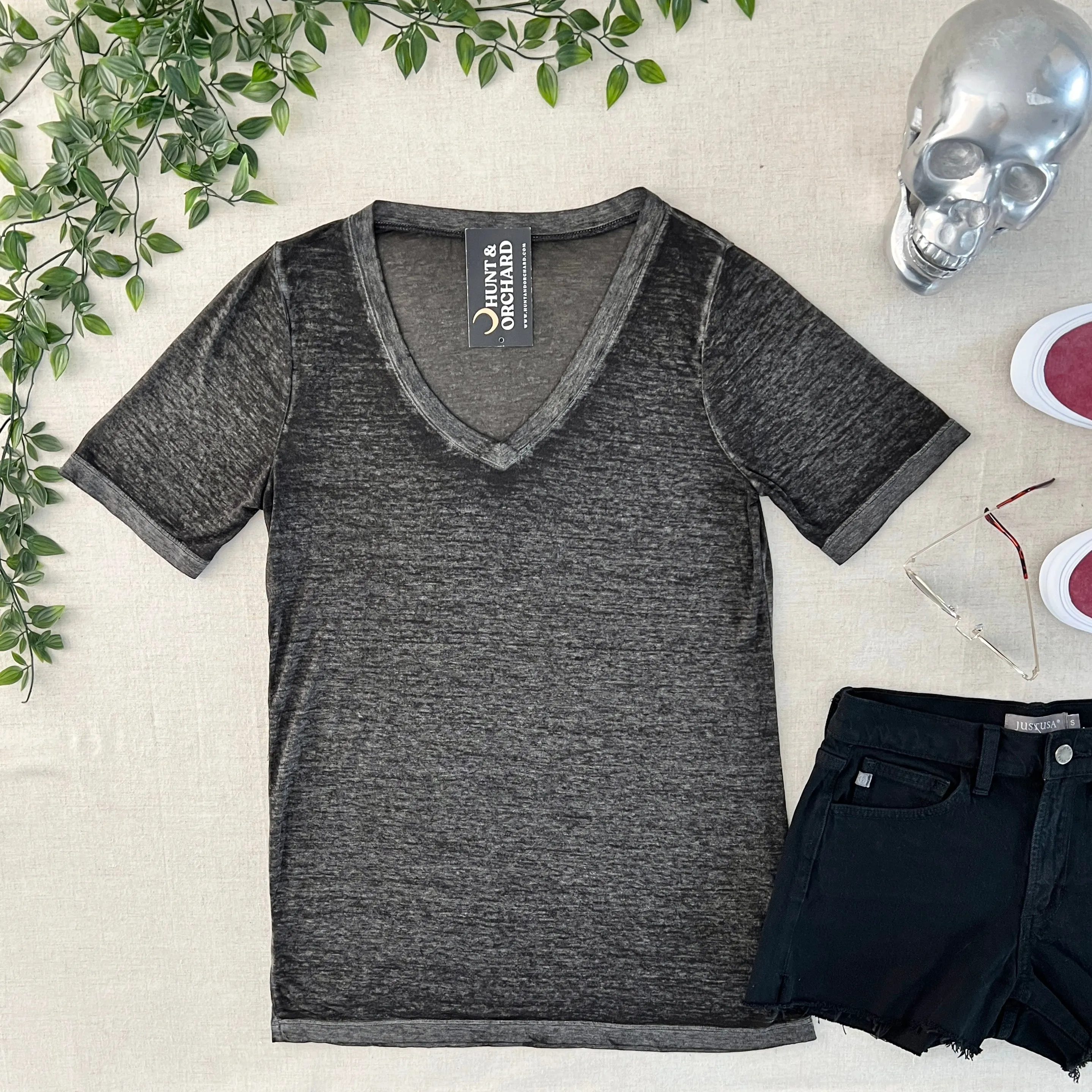 V Neck Burnout Top - Charcoal