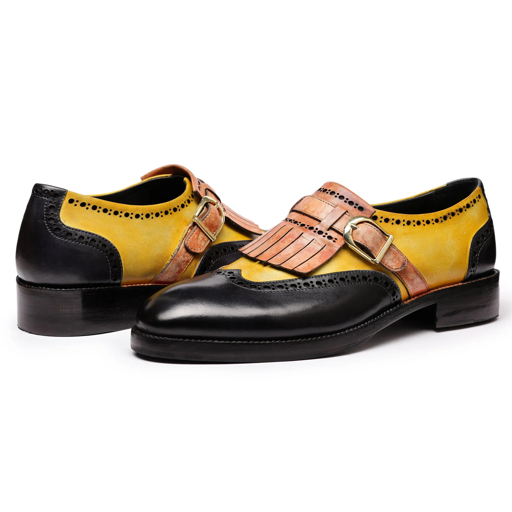 Wingtip Brogue Kiltie Monk Strap- Tan & Black