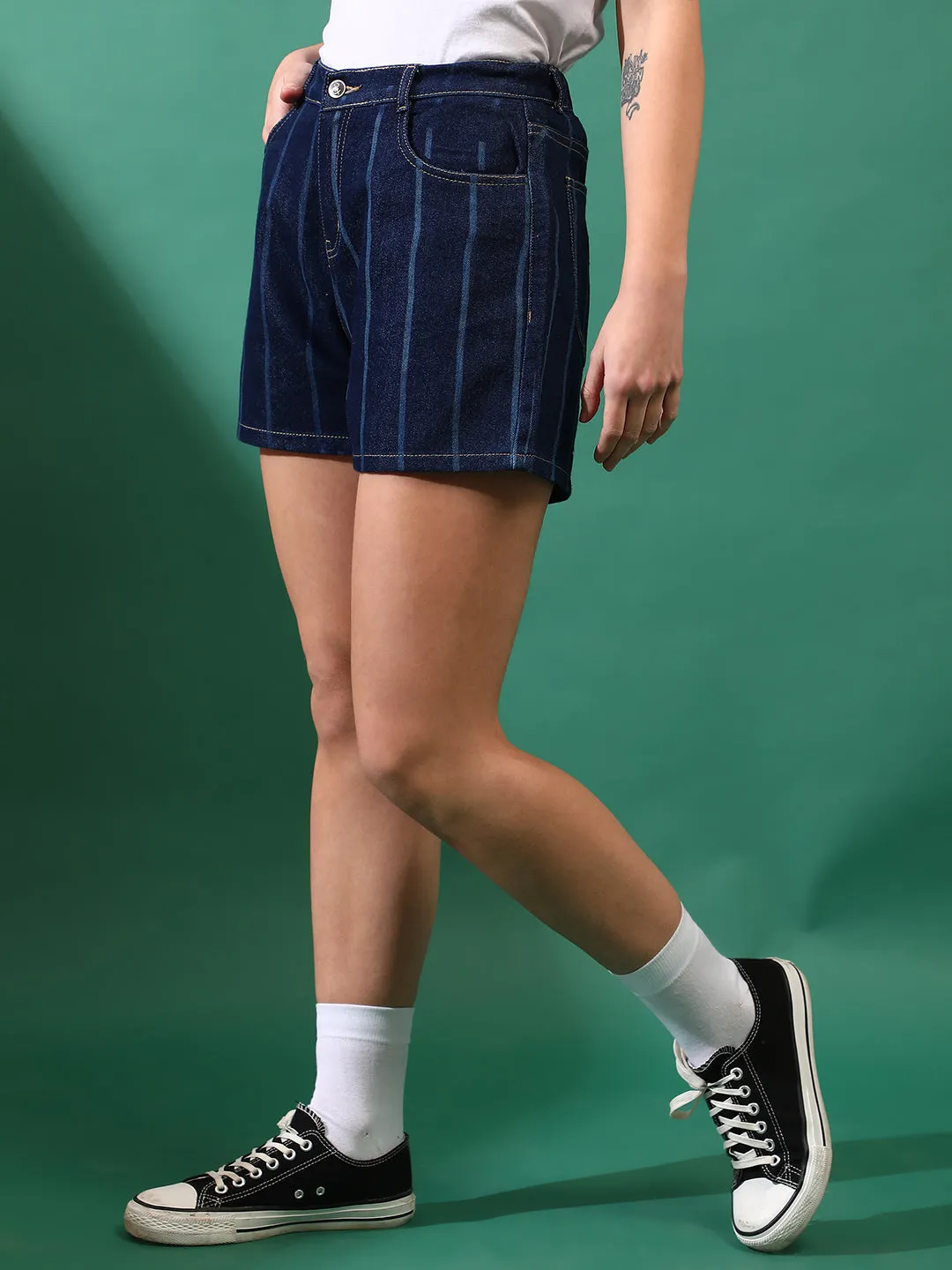 Women Denim Striped Rinse Blue Shorts