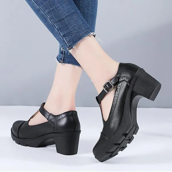 Women's Buckle Soft Sole Round Toe Chunky Heel Shoes 35147686C