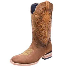 Women's Honey with Hand Tooled Design Leather Square Toe Rodeo Boot