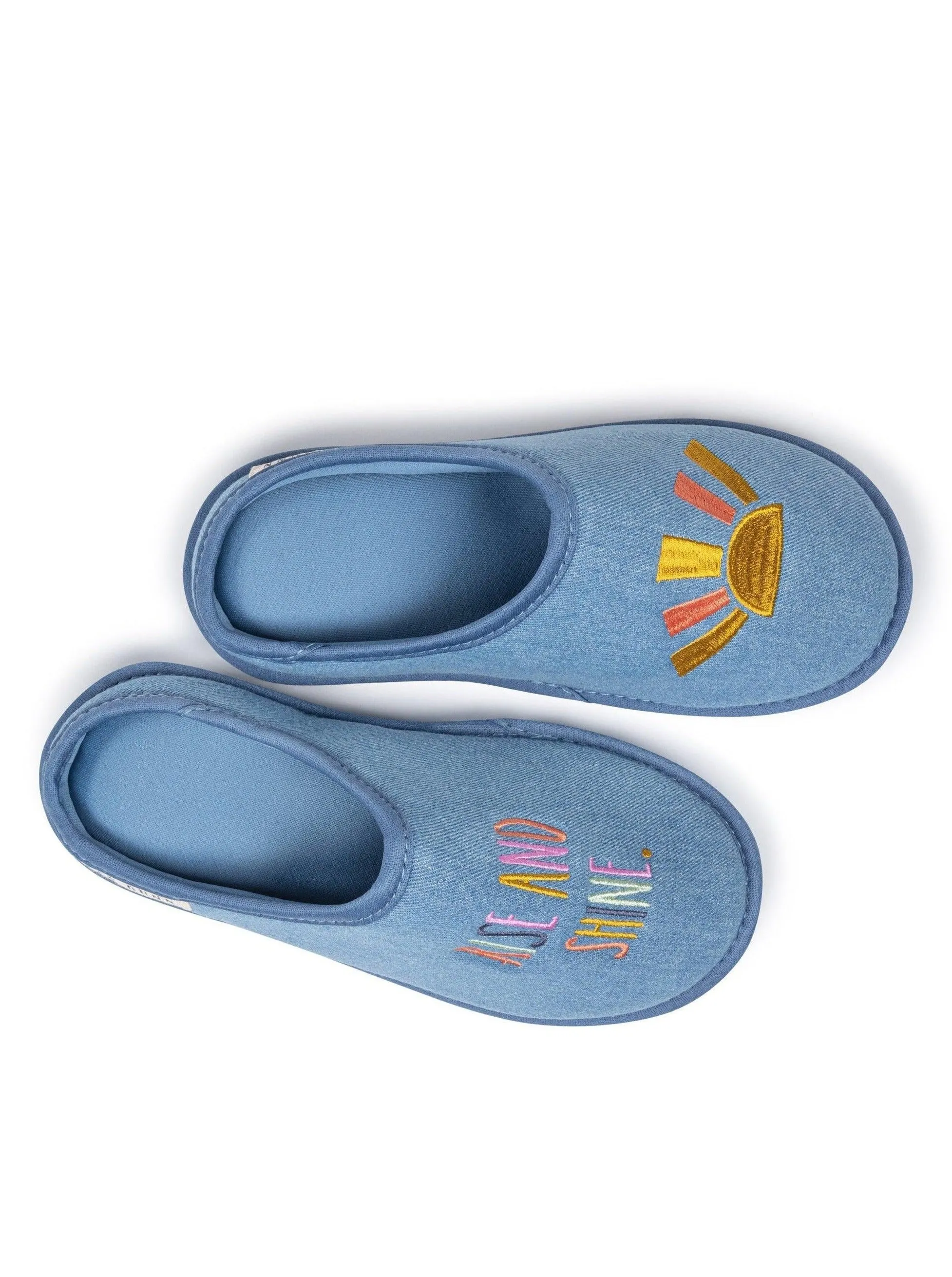 Women's "RISE AND SHINE" Embroidered Sunshine Denim Slippers