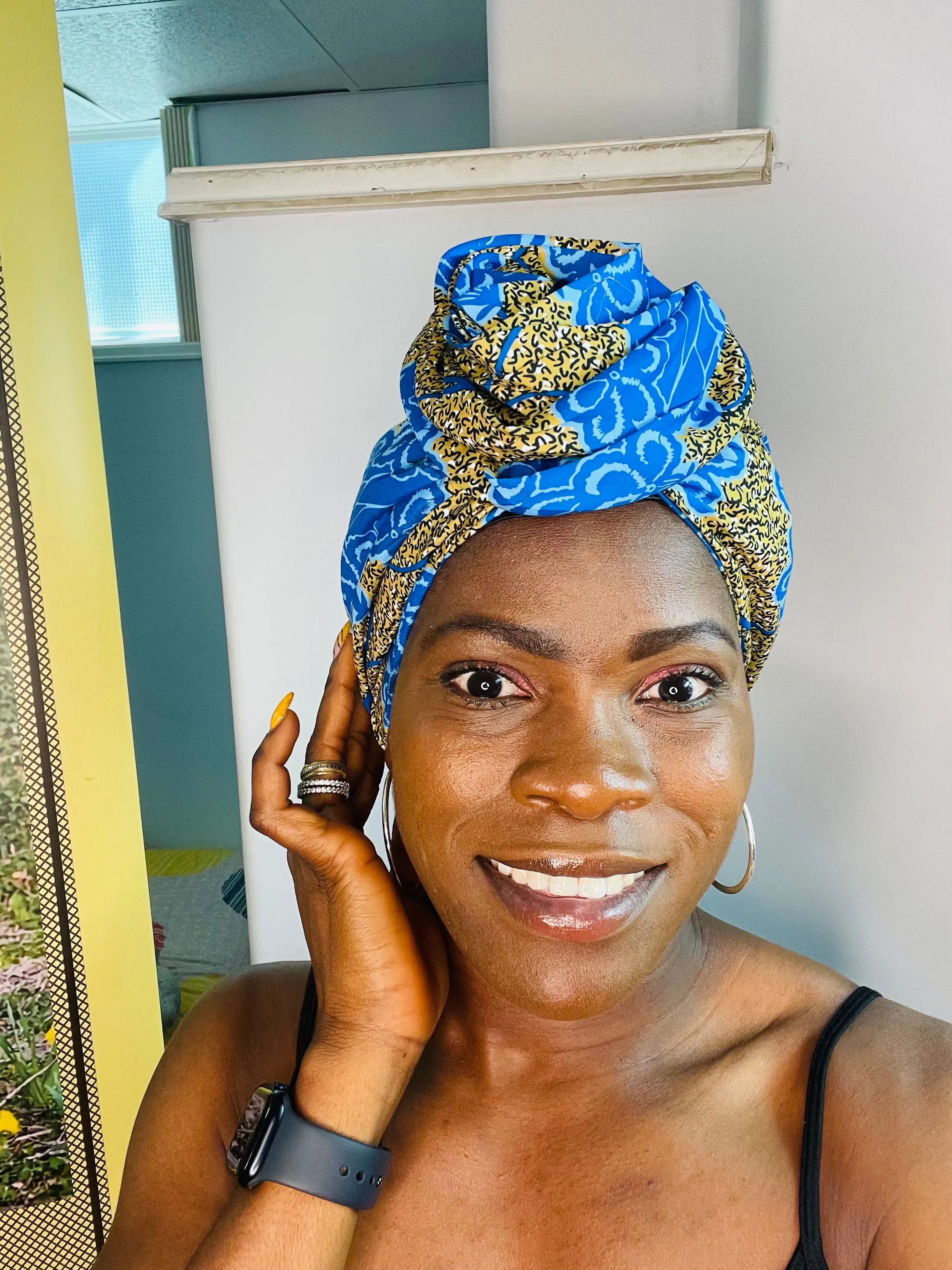 Zebra Blue Satin Lined Pre-tied Head Wrap