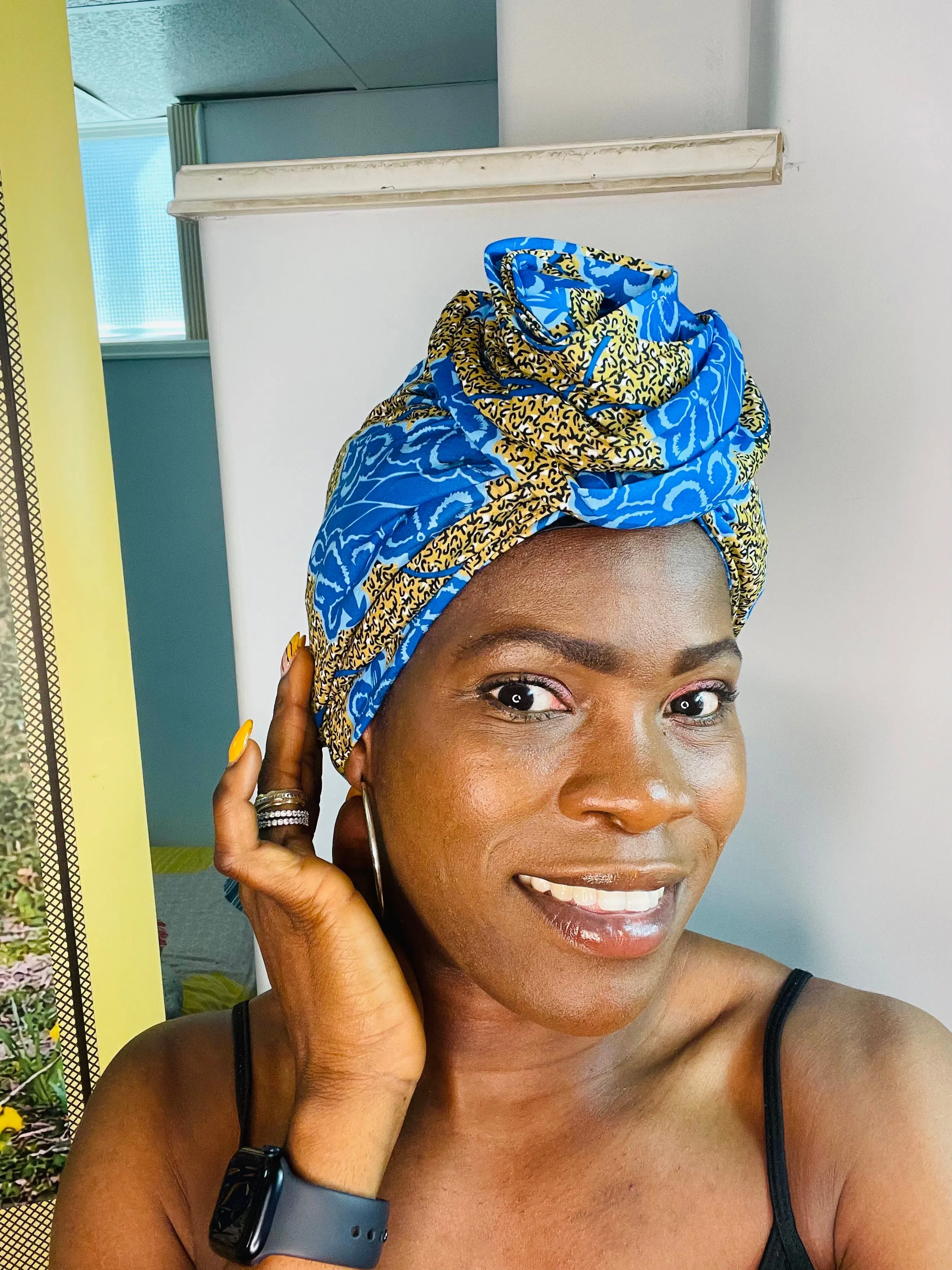 Zebra Blue Satin Lined Pre-tied Head Wrap